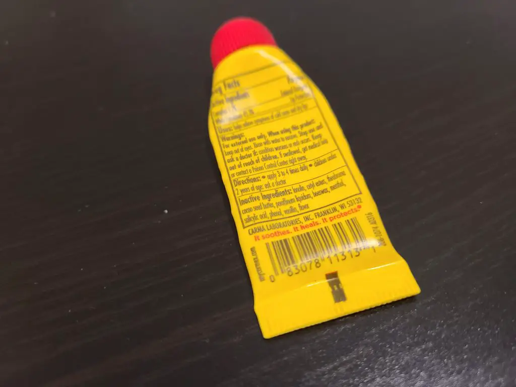 Carmex Lip Balm Review, back side of the tube.