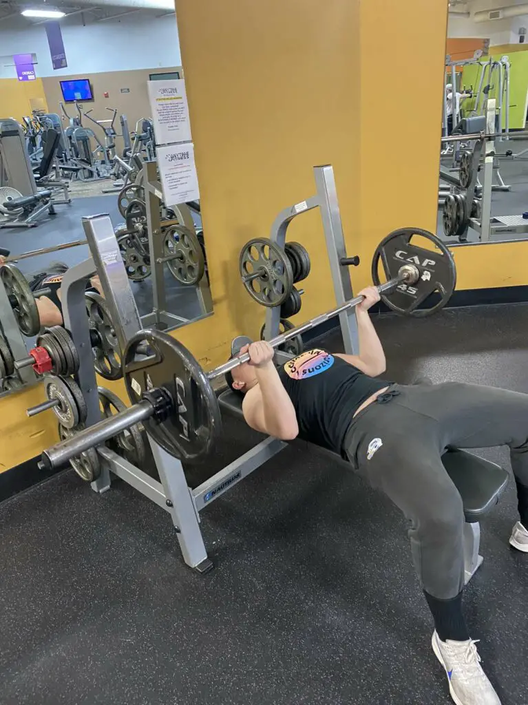Reverse Grip Bench Press middle of the exercise.